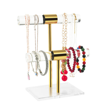 SHUNKAIZS 2 Tier Acrylic Bracelet Holder, Clear Gold T-Bar Jewelry Display Stand, Tangle-free Necklace Stand, Heavy Duty Jewelry Organizer Rack for Retail Store Vendors Counter Home