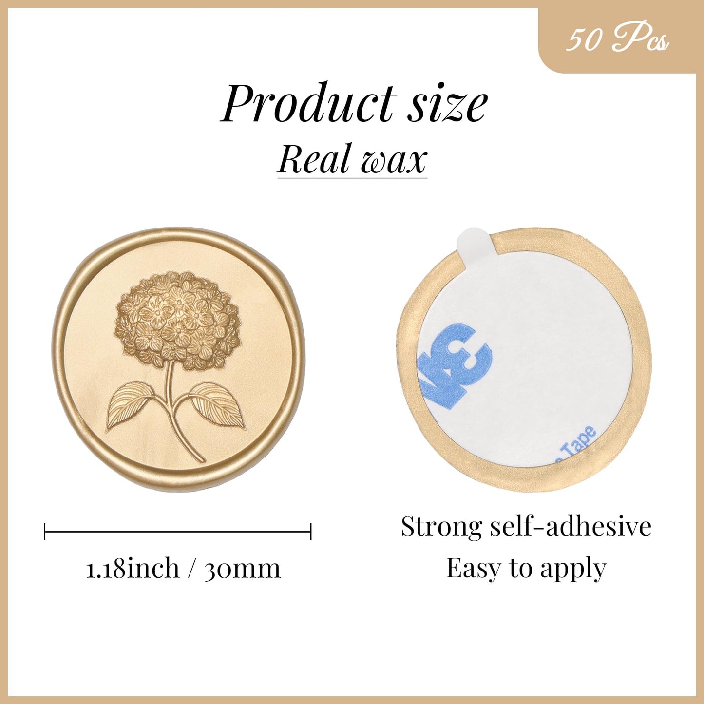 UNIQOOO Wax Seal Stickers - 3D Hydrangea Floral Wedding Invitation Envelope Seal Stickers, 50 Pcs Self- Adhesive Light Gold Stickers, Perfect for Invitation, Christmas, Gift Wrapping