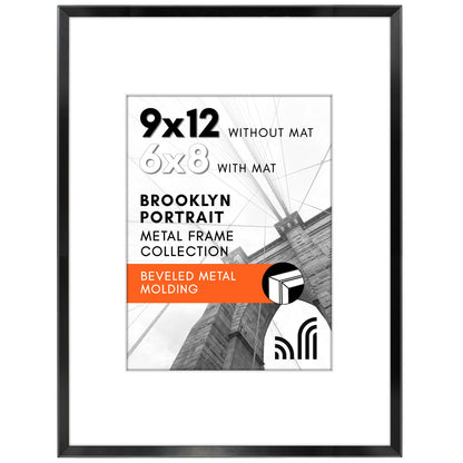 Americanflat 9x12 Metal Picture Frame with Tempered Glass - Use as 6x8 Frame with Mat or Display 9x12 Photo Without Mat - Brooklyn Collection - Picture Frames for Tabletop or Wall - Black