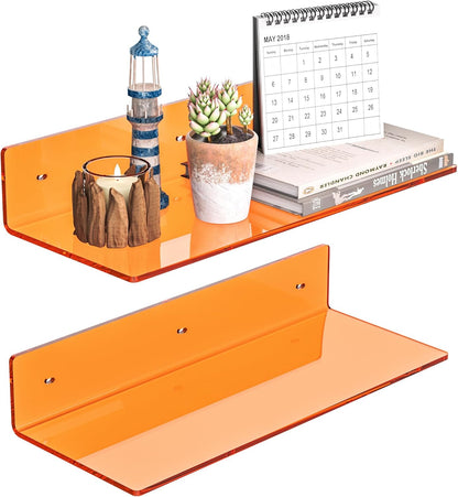 15 Inches 2 Pack, Sezanrpt Orange Acrylic Wall Shelves L Shape Floating Shelf, Perspex Wall Mounted Shelves for Home