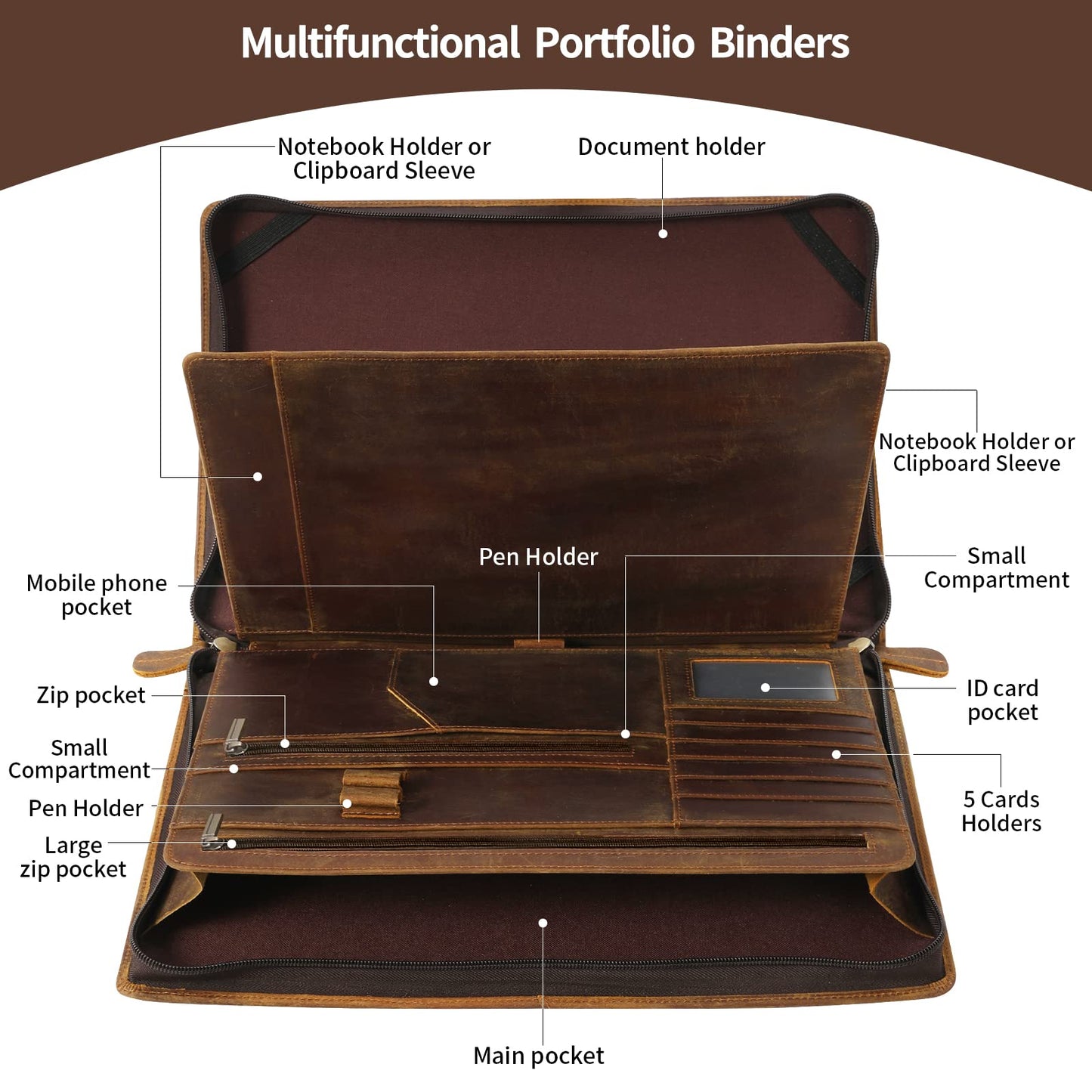 Ringsun Genuine Leather Portfolio Organizer for Men Women with Handle, Full Grain Leather Padfolio Folder with Zipper Business Resume Portfolio for 12.9" iPad, Brown, RS118
