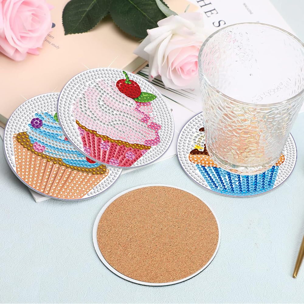 PERFECTSIGHT 8 Pcs DIY Diamond Art Painting Coasters with Holder, Cute Diamond Paint Coaster Kits for Adults, Kawaii Full Drill Diamond Art Craft Paint by Number Non Slip Coaster - Silver Cupcake
