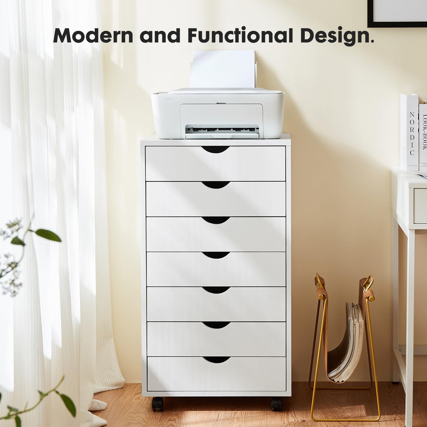 OLIXIS 7 Drawer Mobile File Cabinet Under Desk Storage Organization with Wheels Vertical Filing Chest Rolling Wood Small Desk Printer Stand for Home Office, 15.75"D x 18.74"W x 34.25"H, White