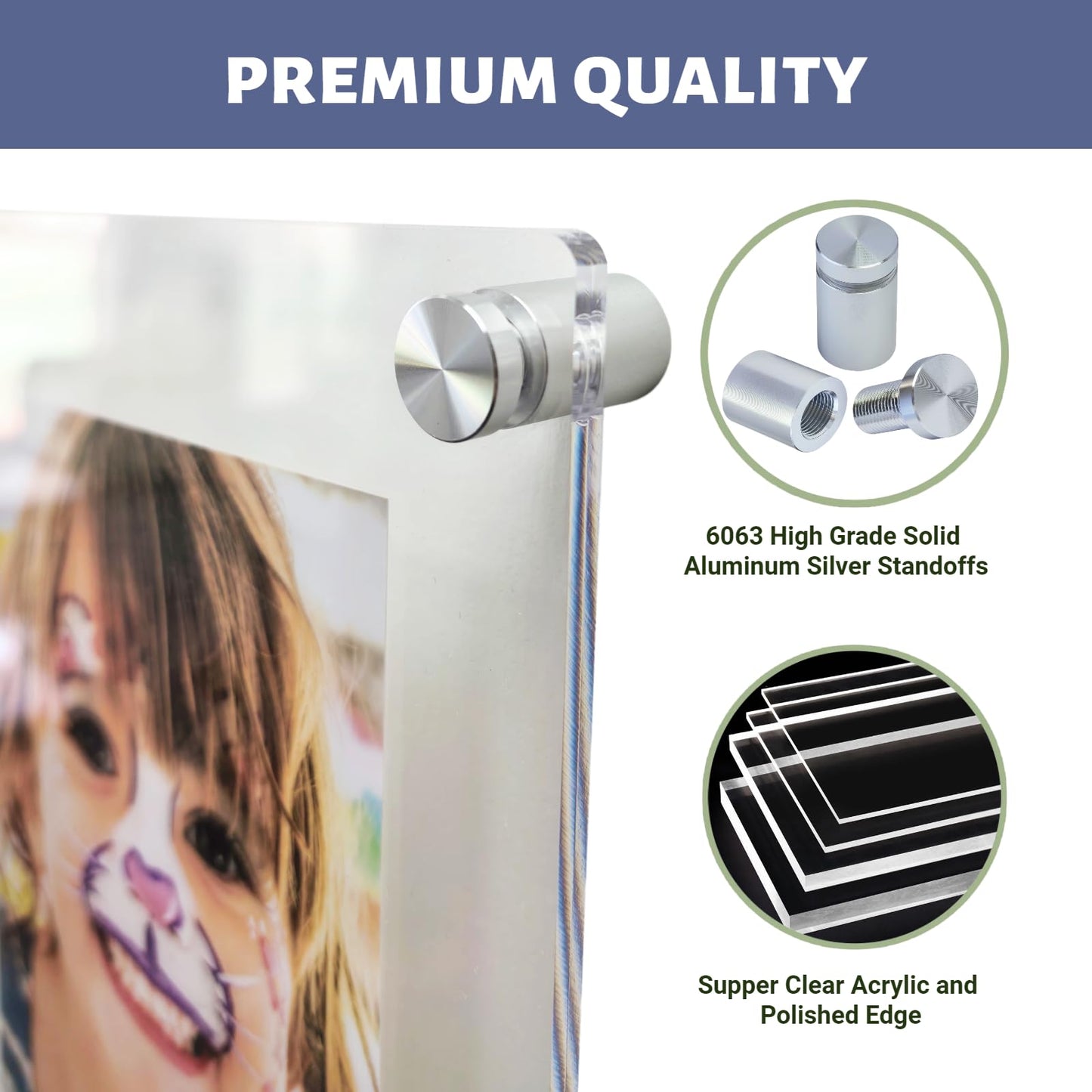 Premium Floating Acrylic Picture Frame with Polished Edges & Silver Aluminum Standoffs - Easy Wall Mount Kit Included: drill Bit, Level, Template. (Silver, Insert Size 8.5"x11", Full Frame 11"x13.5")