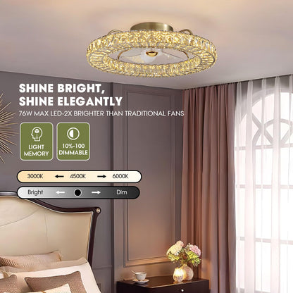 LUDOMIDE Flush Mount Ceiling Fan with Light, 22" Modern Crystal Chandelier Ceiling Fan with Smart 4-Light Color Change, Luxury LED Ceiling Fan, Low Profile Ceiling Fan for Bedroom (Gold)