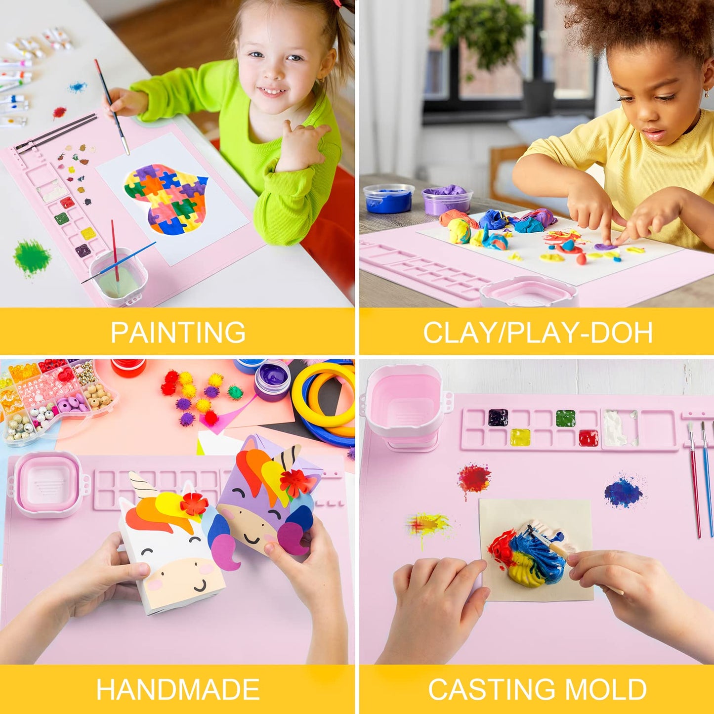 Silicone Painting Mat, Art Mat with Cup, Craft Paint Brush Cleaner Tool, Artist for Kids Gift Clay DIY Creations, Christmas Gift for Kids (Pink)