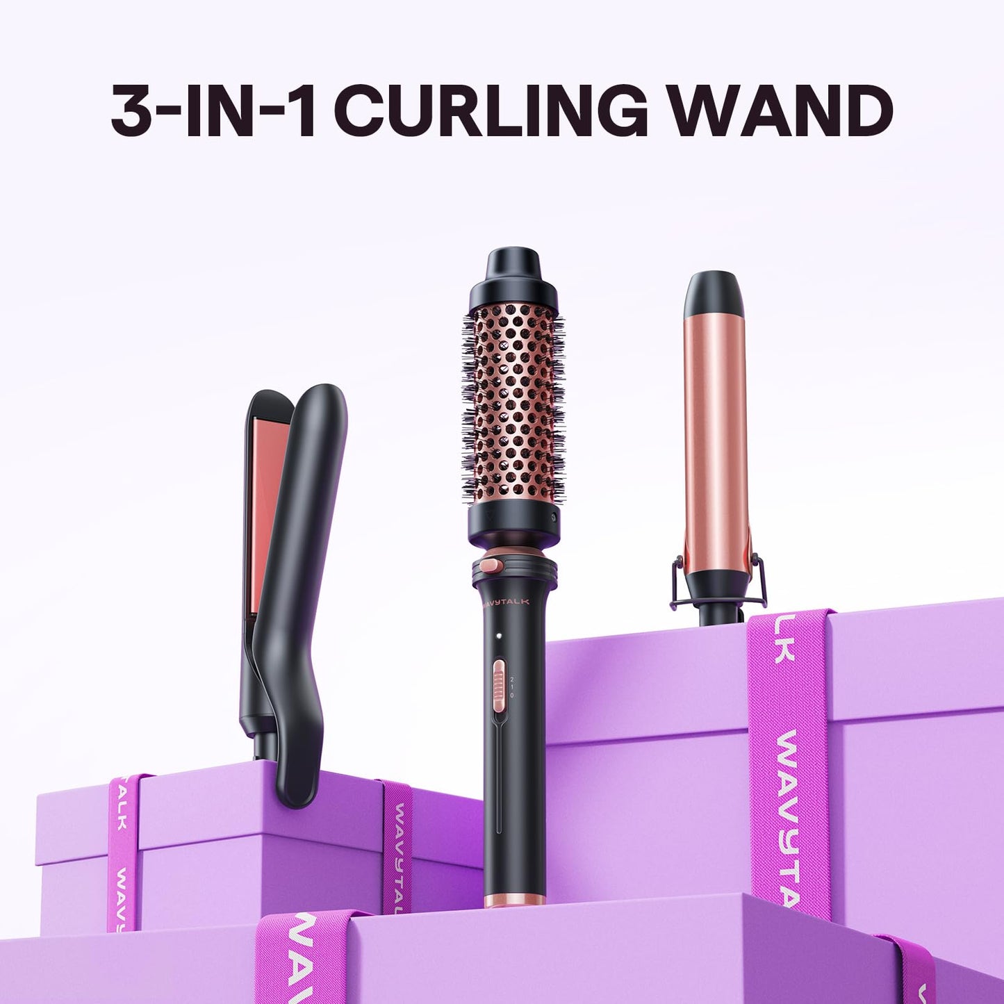 Wavytalk 3 in 1 Curling Wand Set, Multi Curl, Curling Iron Set with Heated Round Brush, Flat Iron Hair Straightener, 1 1/4 inch Curling Iron, Dual Voltage Hair Curler(Pink)