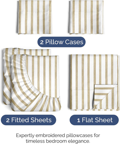 Split King Size 5-Piece Sheet Set - Comfy Cooling Bed Sheets | Luxury Hotel Quality - Soft, Wrinkle-Free Beige Stripes