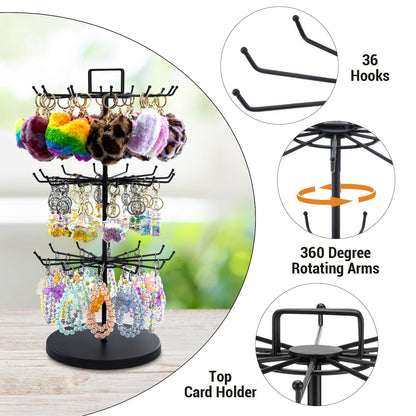 MyGift 3-Tier Matte Black Metal Jewelry Tree Display Stand – 360 Rotating Necklace & Bracelet Organizer Tower with 36 Hooks and Top Sign Holder