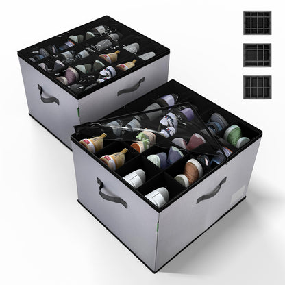 DeveHome 2 Pack Shoe Organizer for Closet, Foldable Fabric Shoe Storage Box with Adjustable Dividers and Clear Dustproof Cover, Large Collapsible Shoe Bins & Containers, Holds up to 32 Pairs, Gray