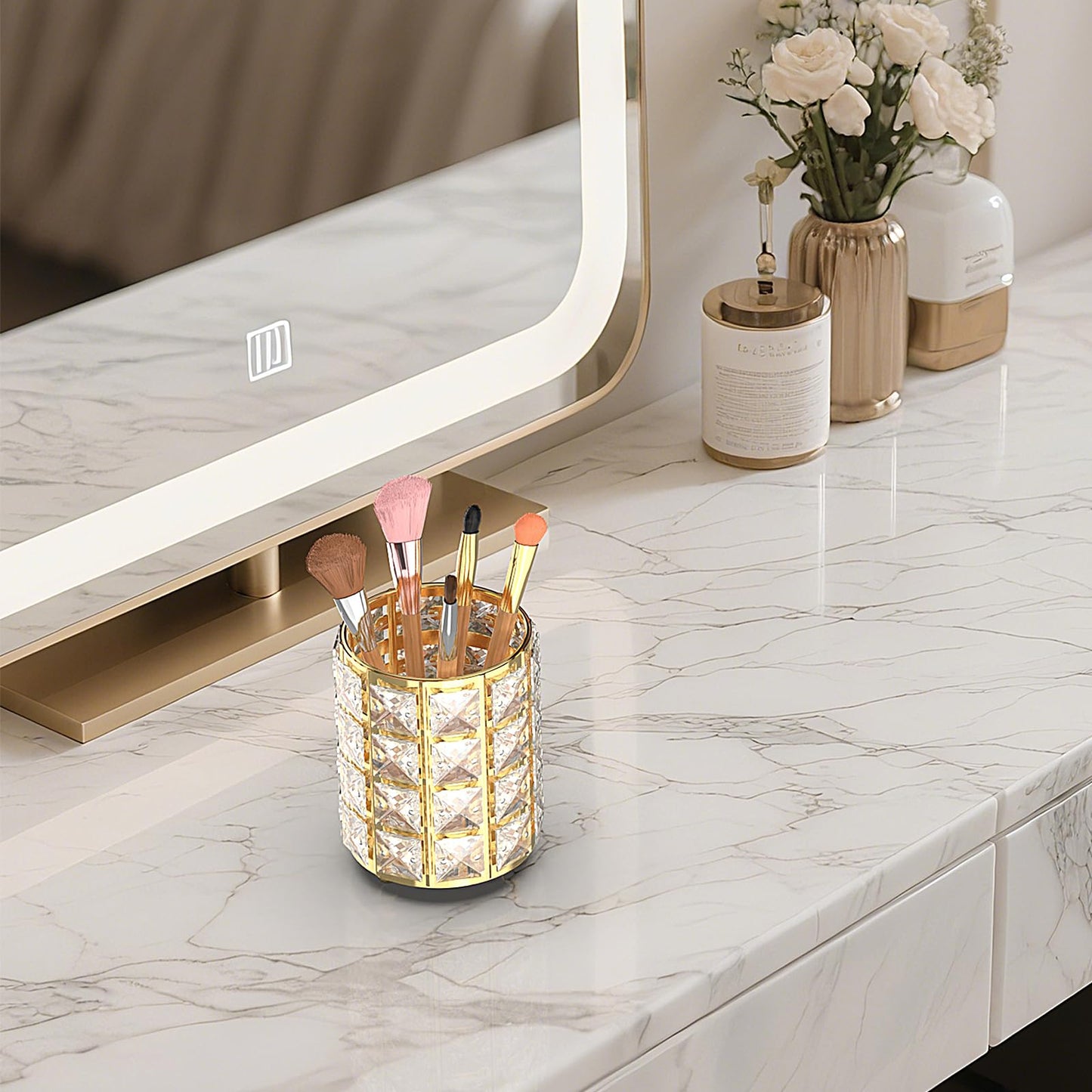 LUGUNU Makeup Brush Holder with Golden Crystal Bling – Elegant Vanity Organizer for Brushes, Pens & Pencils, Ideal for Bathroom or Office Countertop(2Pack)