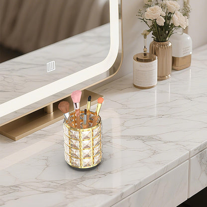 LUGUNU Makeup Brush Holder with Golden Crystal Bling – Elegant Vanity Organizer for Brushes, Pens & Pencils, Ideal for Bathroom or Office Countertop(2Pack)