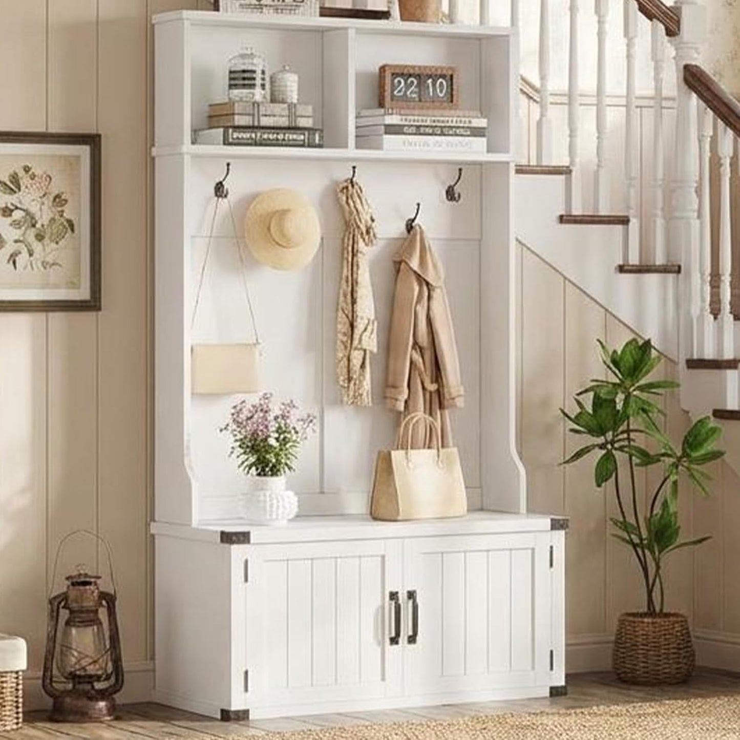 Garvee Farmhouse Hall Tree with Bench and Shoe Storage, 77" Tall Entryway Hall Tree w/ 5 Tri-Hooks Coat Rack, Mudroom Rack w/Bench & Door, Adjustable Shelf, 2 Top Cubbies Storage, Space Saving, White