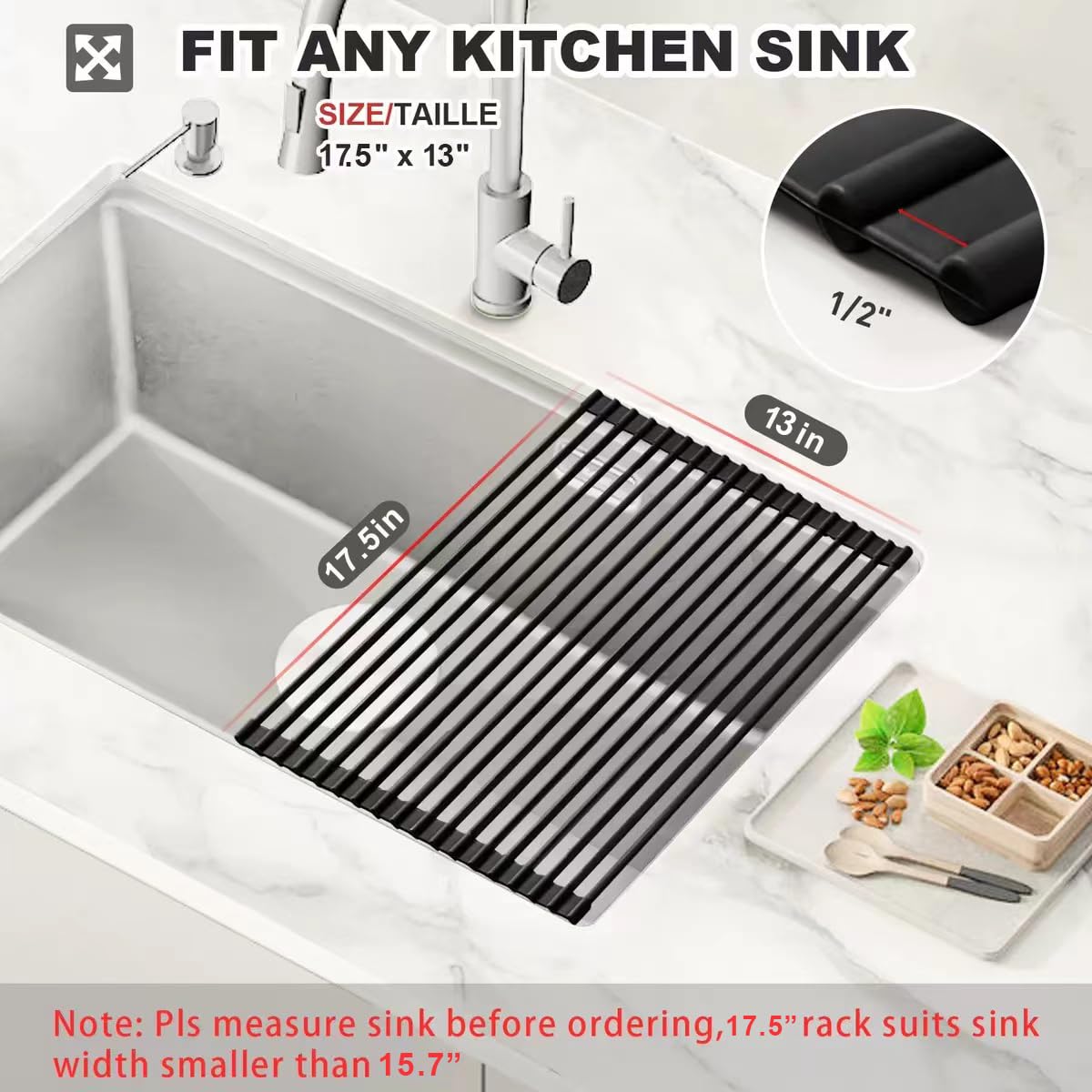 MERRYBOX Roll Up Dish Drying Rack Silicone Wrapped Over The Sink Dish Drying Rack Multipurpose Foldable Sink Drying Mat Anti-Slip & Anti-Rust Dish Rack for Kitchen, 17.5" x 13", Black