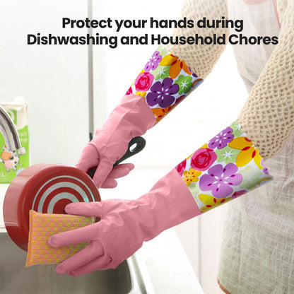 KAQ 3 Pairs Rubber Cleaning Gloves, Reusable Dishwashing Gloves for Kitchen with Cotton Liner, Long Cuff 16", Waterproof Non-Slip Household Gloves for Bleaching Bathroom, Laundry, Gardening (Large)