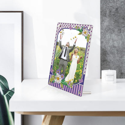 antor 5D Diamond Painting Kit Photo Frames with Stand Purple, Diamond Art Photo Frame Kits Desktop, 5D Special Shape Crystal Rhinestones Diamond Art Kits for Living Room Office Table Christmas Decor