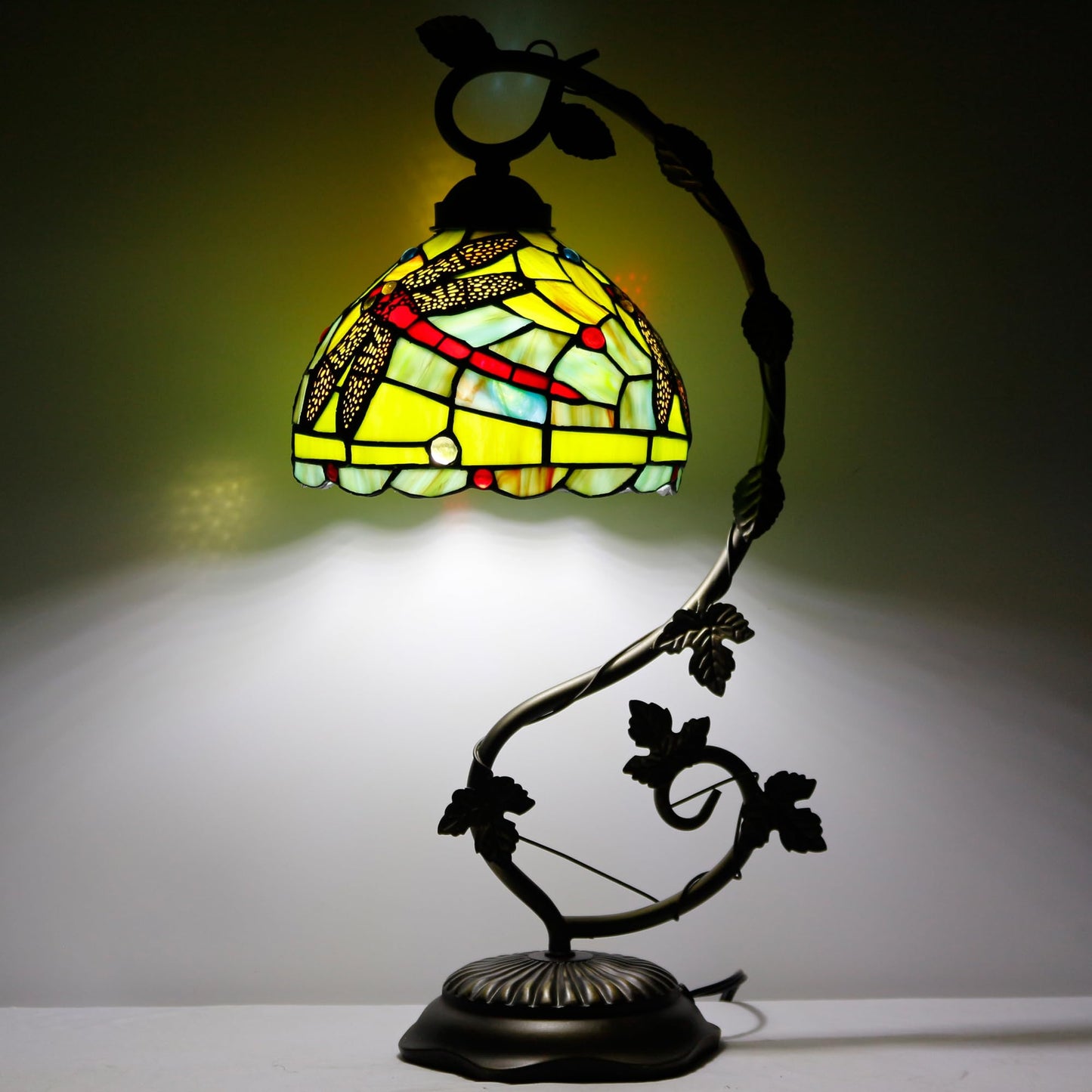 ZJART Tiffany Lamp Stained Glass Table Lamp Metal Leaf Desk Reading Light 8X10X21 Inch Decor Small Space Bedroom Home Office (Green Red Dragonfly)