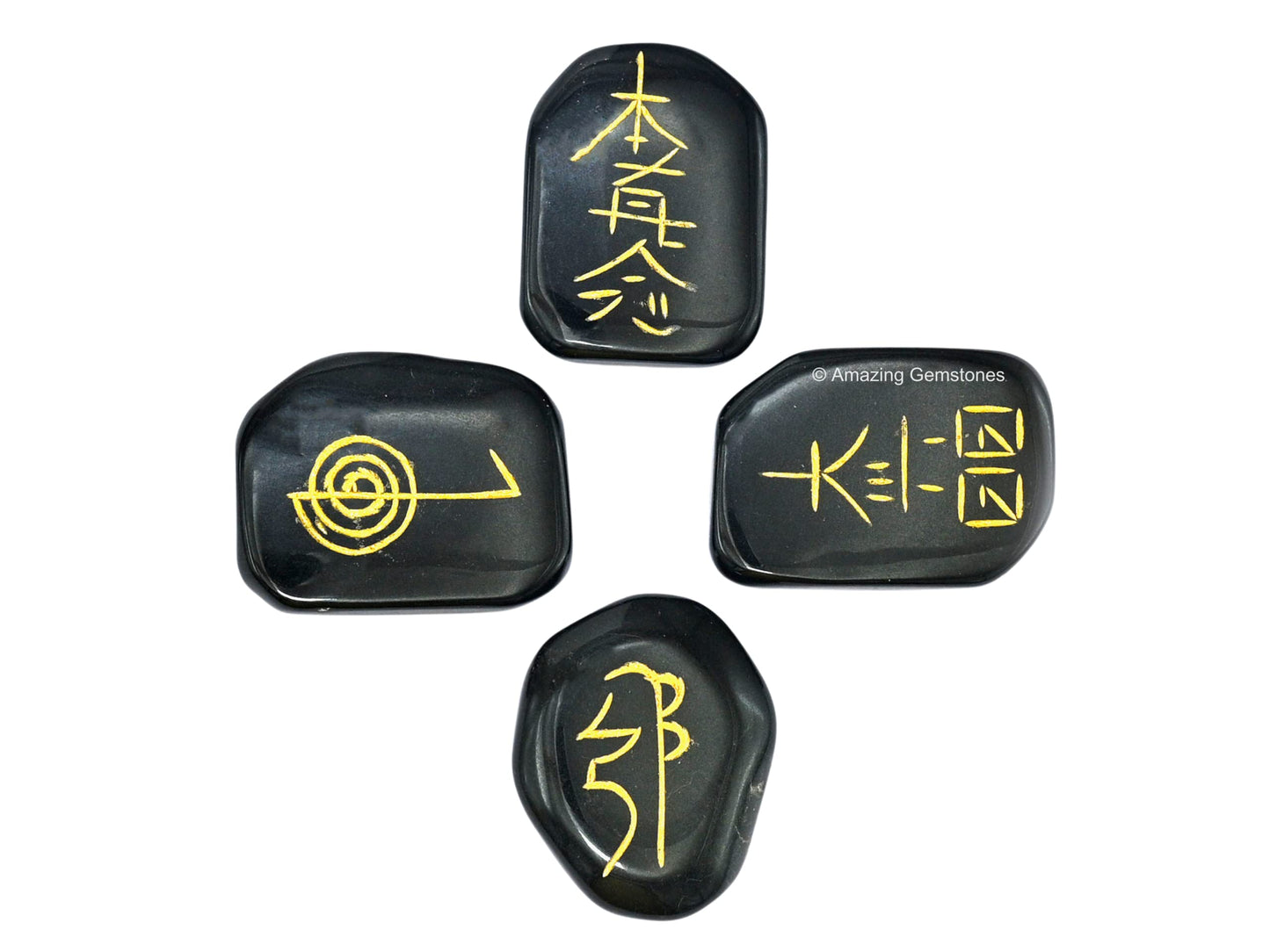 Amazing Gemstone Black Agate Crystal Reiki Stones with Engraved Symbols for Usui Reiki Healing, Set of 4 Pcs (Indian Handmade Reiki Gift Set)