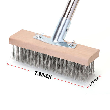 MAXMAN Stainless Steel Wire Scrub Brush with Long Handle, 63" Heavy Duty Large Wire Brush, Stiff Metal Bristle Floor Scrubber, Outdoor Patio Cleaning, Wire Broom for Deck, Concrete, Moss Removal