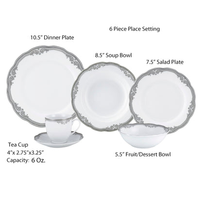 Stylish and Elegant 57 Pieces Porcelain Dinnerware Set Service for 8 People for Hosting Parties and Events - Wavy Edge, Silver Trim