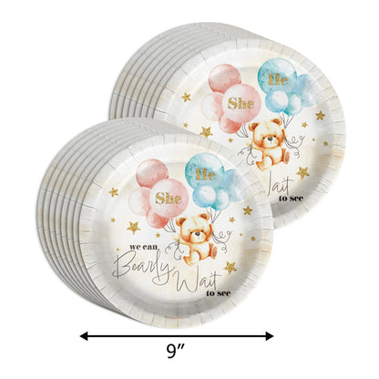 Birthday Galore We Can Bearly Wait Teddy Bear Gender Reveal Themed Party Supplies for Baby Shower - A 64 Pieces Elegant Tableware Disposable Set with Plates, Napkins, Cups for All Events - Kit for 16