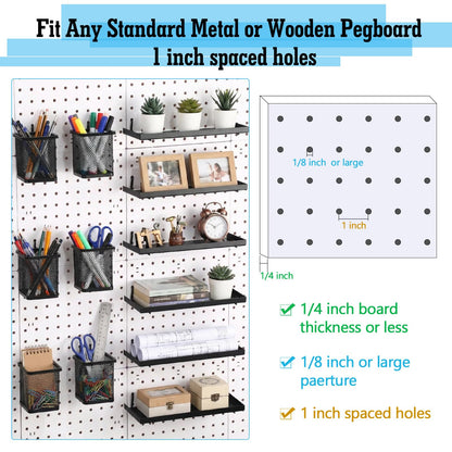 Tosstuki 12 Pack Pegboard Organizer Accessories - 6 Pegboard Cups Pencil Holder Peg Board - 6 Shelves Metal Shelf Brackets - Tools Storage Arrange System Kit for Office Garage Room