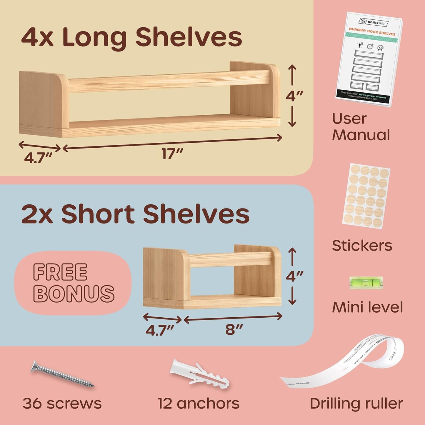 4 2 HOMEY PANDA DIY Wall-Mounted Nursery Bookshelves - Long + Mini Shelves, Kids Room Storage (DIY Paint Pine Wood)