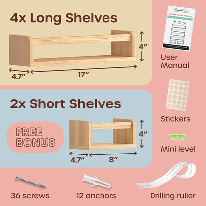 4 2 HOMEY PANDA DIY Wall-Mounted Nursery Bookshelves - Long + Mini Shelves, Kids Room Storage (DIY Paint Pine Wood)