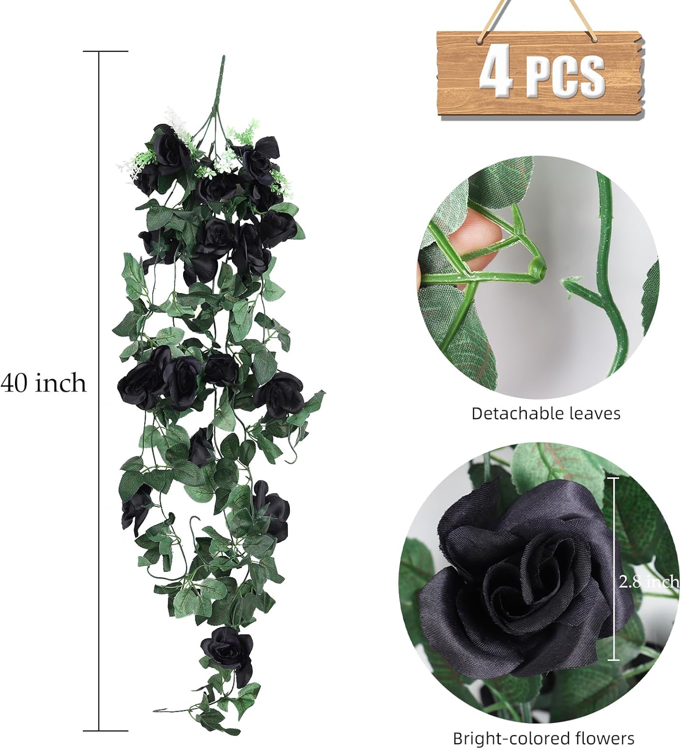 RECUTMS 4 Pieces Artificial Hanging Rose Flower 3.3Ft with 30 LED Fairy String Lights for Indoor Outdoor Wedding (Black)