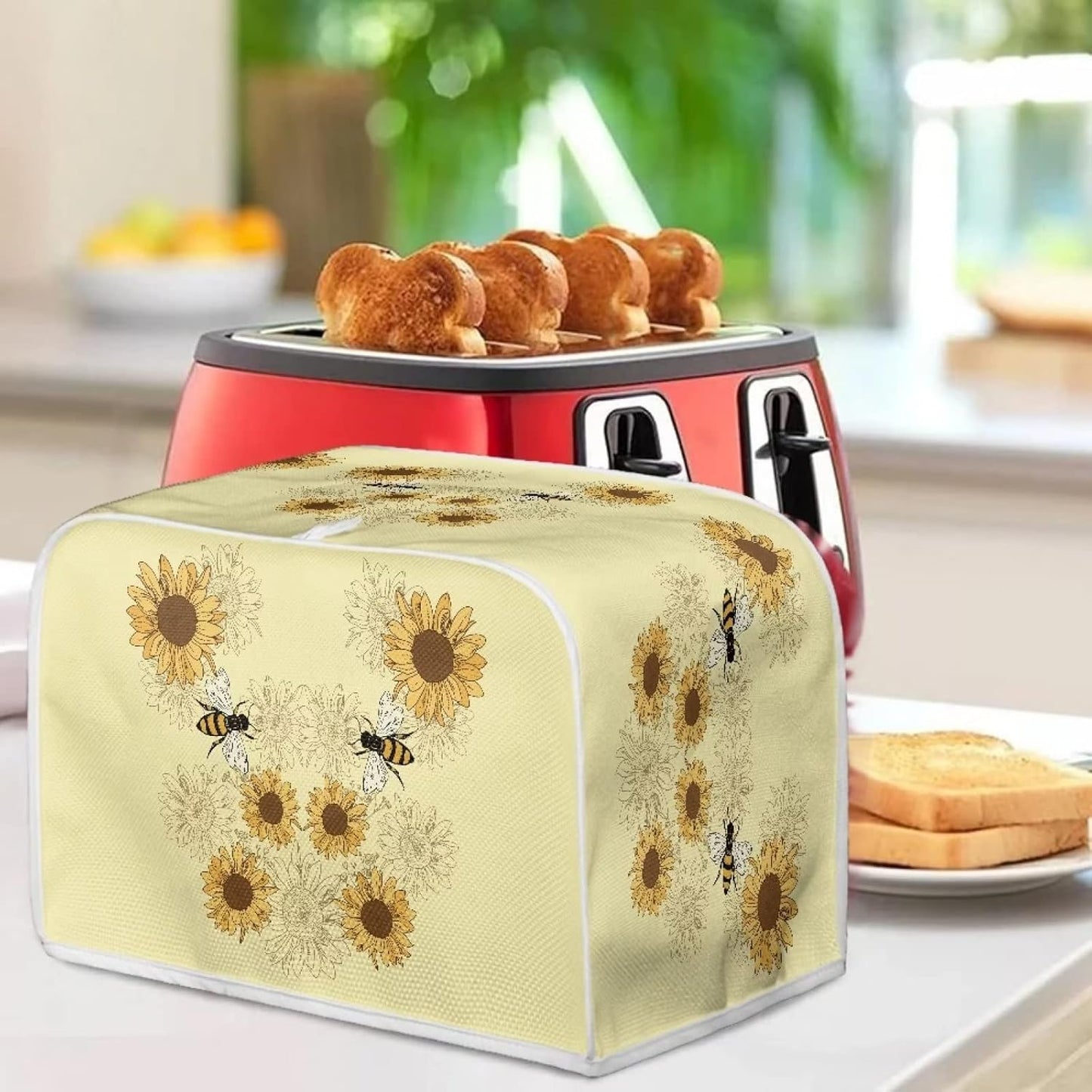 Sunflower Bee Print Toaster Dust Cover, Anti-Scratch Case for Most Standard 2 Slice Kitchen Small Appliances.