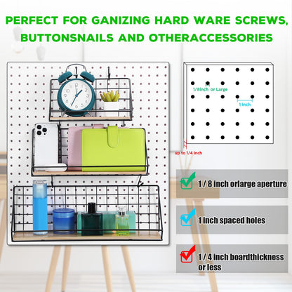 Roowest 3 Sets Metal Pegboard Shelves with Steel Peg Board Brackets and Hooks Wall Organizer Storage Display Tray Accessories for Craft Room Home Office Garage Nursery Workbench Kitchen(Black)