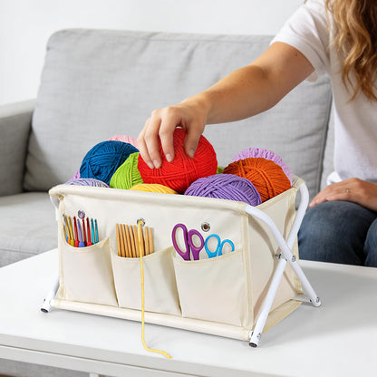 KEEGH Large Capacity Yarn Storage Organizer, Installation-Free Yarn Caddy with 3 Pockets Crochet Bag Organizer for Crochet Hooks, Knitting Needles, Accessories
