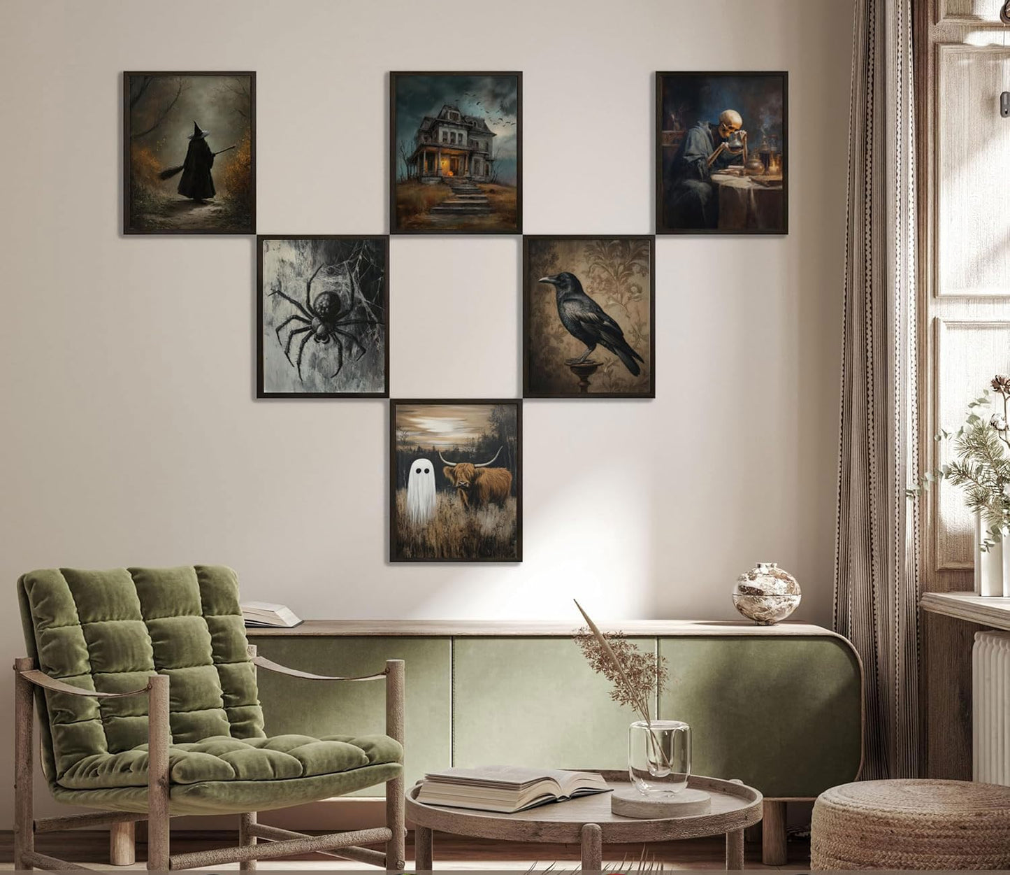 6Pcs Halloween Wall Art Creepy Dark Academia Wall Decor Pictures Ghost Wizard Skeletons Canvas Posters Prints for Gallery Living Room Bedroom Office Unframed