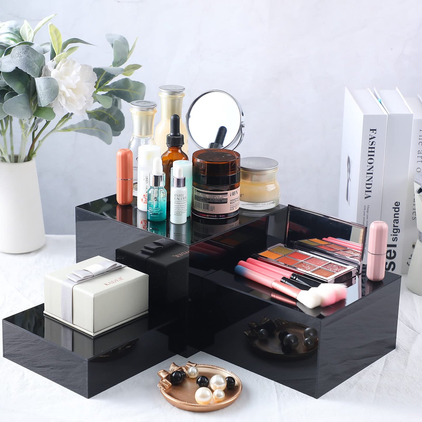 Bucherry 6 Pcs Acrylic Display Risers - Nesting Cubes 5 Sided with Hollow Bottoms Display Stand Shelf for Cosmetics Food Collectibles Jewelry Figures Show (Black)
