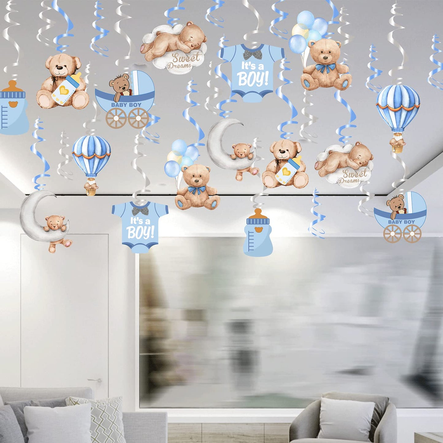 Baby Shower Bear Ceiling Swirls(30Pcs Fully-Assembled), It's A Boy Baby Shower Party Supplies Double Side Cute Swirls Birthday Party Decorations, Baby Shower Favor Supplies Decor Gender Reveal Prop