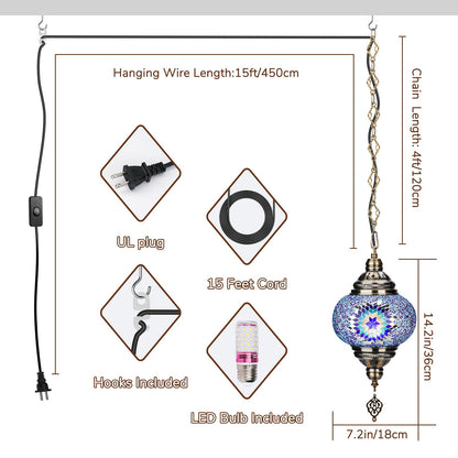 BOHMR DIY Turkish Mosaic Lamp Kit, 7.2"D Plug-in Stained Glass Pendant Hanging Lamp Making Kit with 15ft Cord-No Skills Needed,Mosaic Art & Craft Project Kits for Adults&Teens, Make Your Own Lamp,Blue