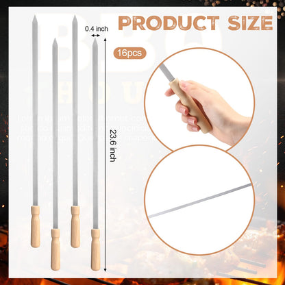 Sawysine 16 Pcs 23.6" Stainless Steel Flat Skewers Bulk with Wooden Handle Large Heavy Duty Reusable Kabob Stick BBQ Barbecue Skewer for Grilling Meat Vegetables Outdoor Indoor Cooking