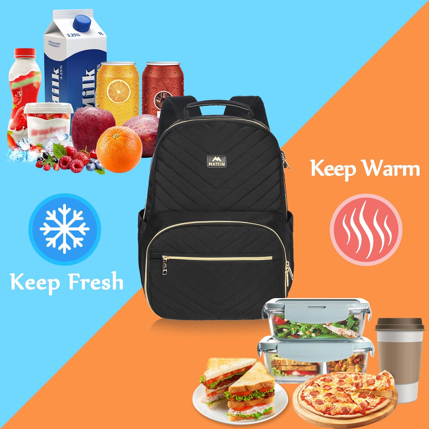 MATEIN Lunch Backpack for Women, 15.6inch Laptop Work Backpack with Insulated Cooler Compartment, Water Resistant Teacher Nurse Backpack with USB Port for College Picnic Camping Beaches, Women Gifts