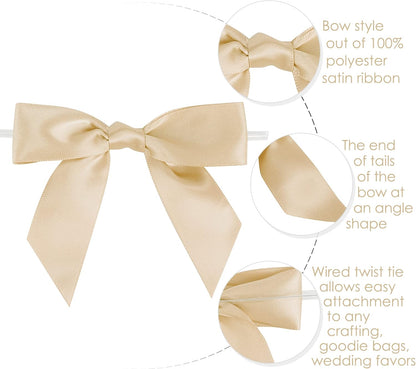 AIMUDI Champagne Gift Wrapping Bows - 3.5" Pre-Tied Small Christmas Tree Bows | 50 Count for Crafts & Decorations