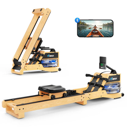 MERACH Water Rowing Machines for Home, Red Oak Wood Rower Machine with 12 Enhanced Resistance Blades, Upgraded Handle, Adjustable Footpad, Dedicated Monitor & Bluetooth App