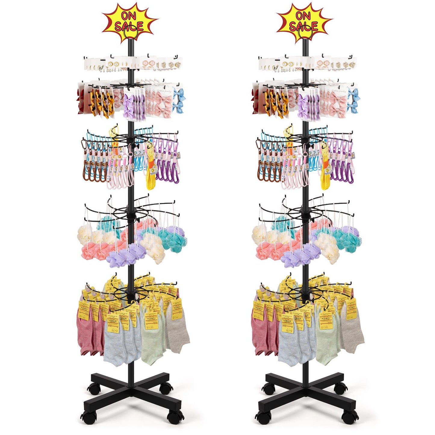 Flenpptly 2 Pack Retail Display Stand, 5-Tier Rotating Display Rack for Store Display, Movable and Adjustable Spinning Display Stand for Earrings, Jewelry, Keychains, Socks Display (2 Pack Black)