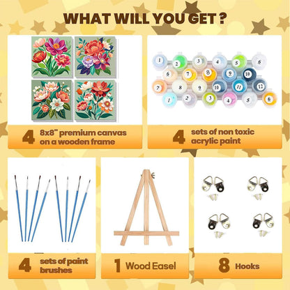 Sretoul Flowers Paint by Numbers Kit for Adults Framed 4 Pack- Flowers Paint by Numbers Kits on Canvas with Frame for Home Decor 8X8 Inch