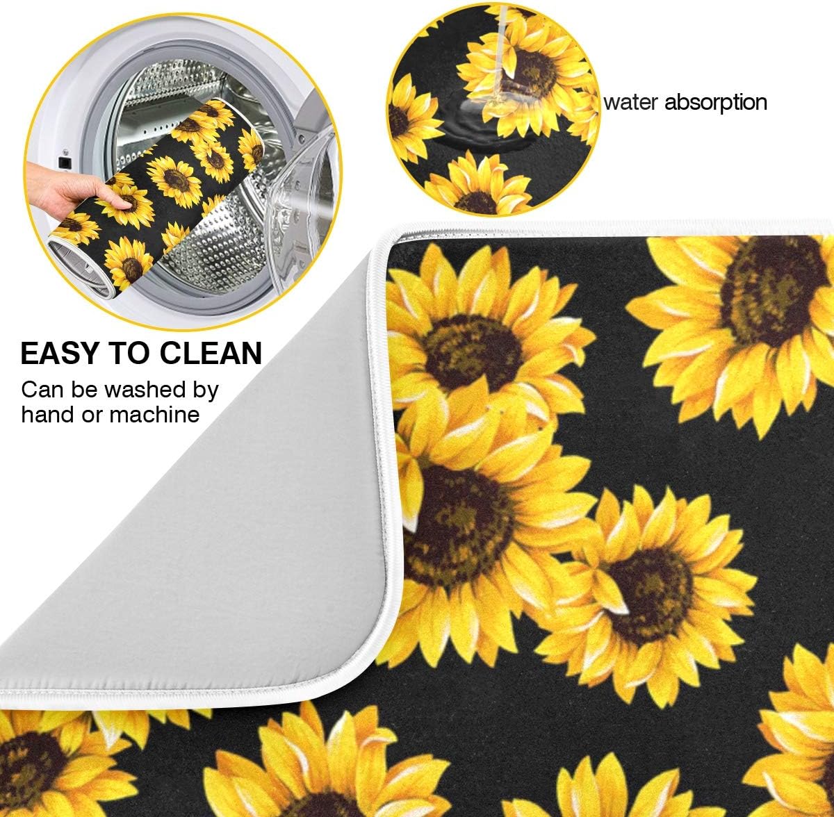 Yellow Sunflower Dish Drying Mat, 18x24 inch Floral Kitchen Counter Protector for Dishes and Bottles
