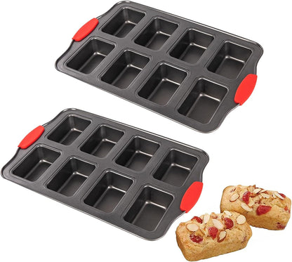 PLAZOTTA 2 Packs Mini Loaf Pan with Silicone Handle, 8 Cavity Non-Stick Baking Pan for Mini Bread, Brownies, Cheesecake