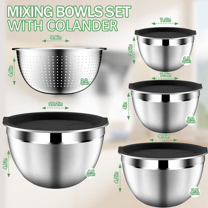 DUTZUN Mixing Bowls with Lids Set, Stainless Steel Mixing Bowls with Colander, Strainer with Mixing Bowl Set, Serving Bowl Kitchen Gift, Size 4.5, 2.5, 2, 1.5QT - Black