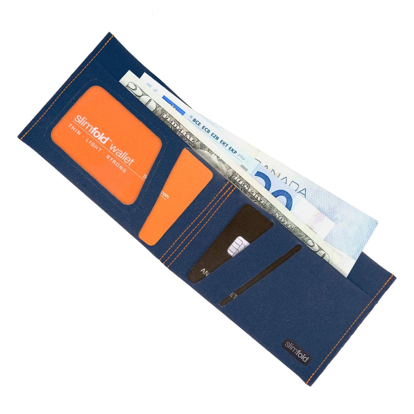 SlimFold MICRO Minimalist Front Pocket Vegan Slim Wallets for Men (RFID Blocking Navy/Orange)