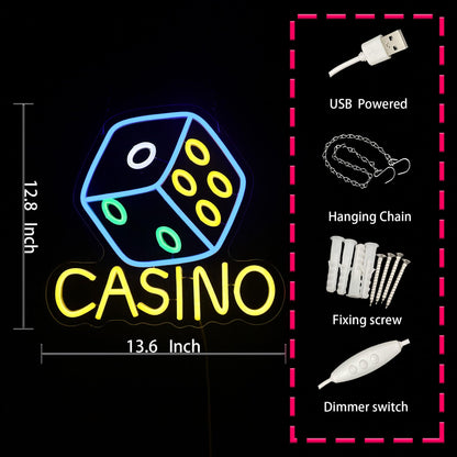 Casino Neon Sign Dimmable Dice Neon Sign Wall Decor Gift for Casino Bar Bedroom Game Room Man Cave Casino Party 13.6 * 12.8 Inch