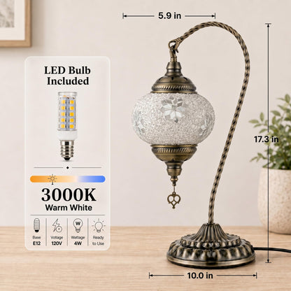 GOGERS Swan Neck Turkish Moroccan Lamp Handmade Stained Mosaic Glass Vintage Lamp Shade Bohemian Tiffany Style Bedside Night Lamp Lighting for Bedroom Living Room (White2)