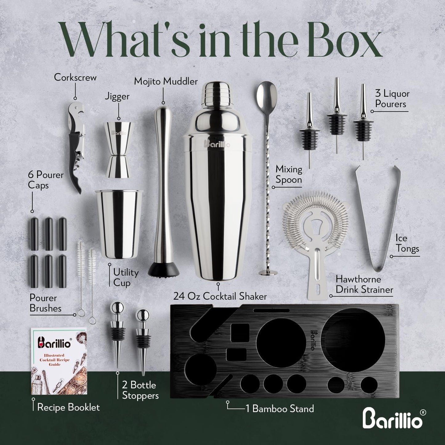 Barillio Silver Bartender Kit - Stainless-Steel Cocktail Shaker Set with Black Bamboo Stand - 23-Pc Mixology Bar Tools