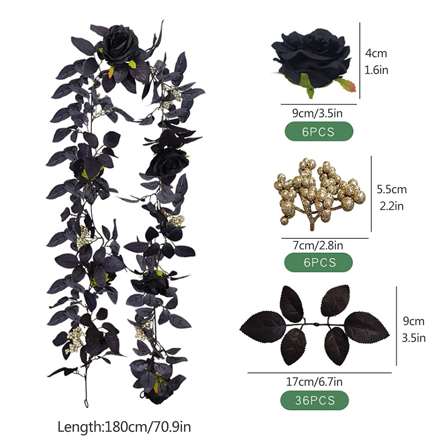 BFYDOAA 180cm Artificial Black Rose Vine Halloween Hanging Rose Flower Garland with Berries for Table Centerpiece,Fireplace Door Frame Backdrop Decor